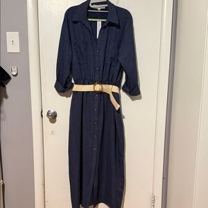 Emma & Michele Dark Blue Long Sleeve Dress with Beige Belt